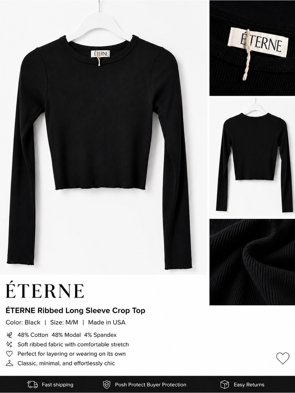 Eterne Black Ribbed Long-Sleeve Crop Top